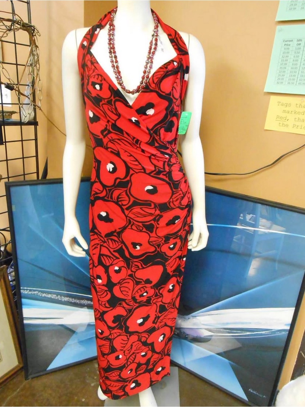 Red Floral Halter Dress - Sleeveless Maxi